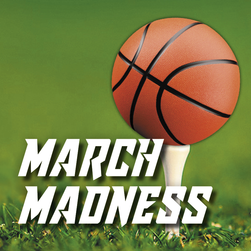 March Madness image with basketball sitting on a golf tee 