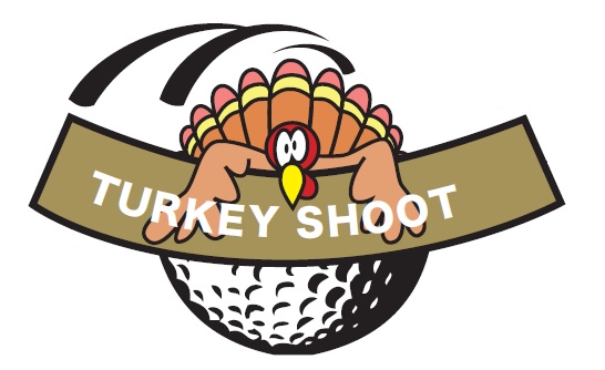 Turkey holding a banner saying Turkey Shoot on top of a golf ball